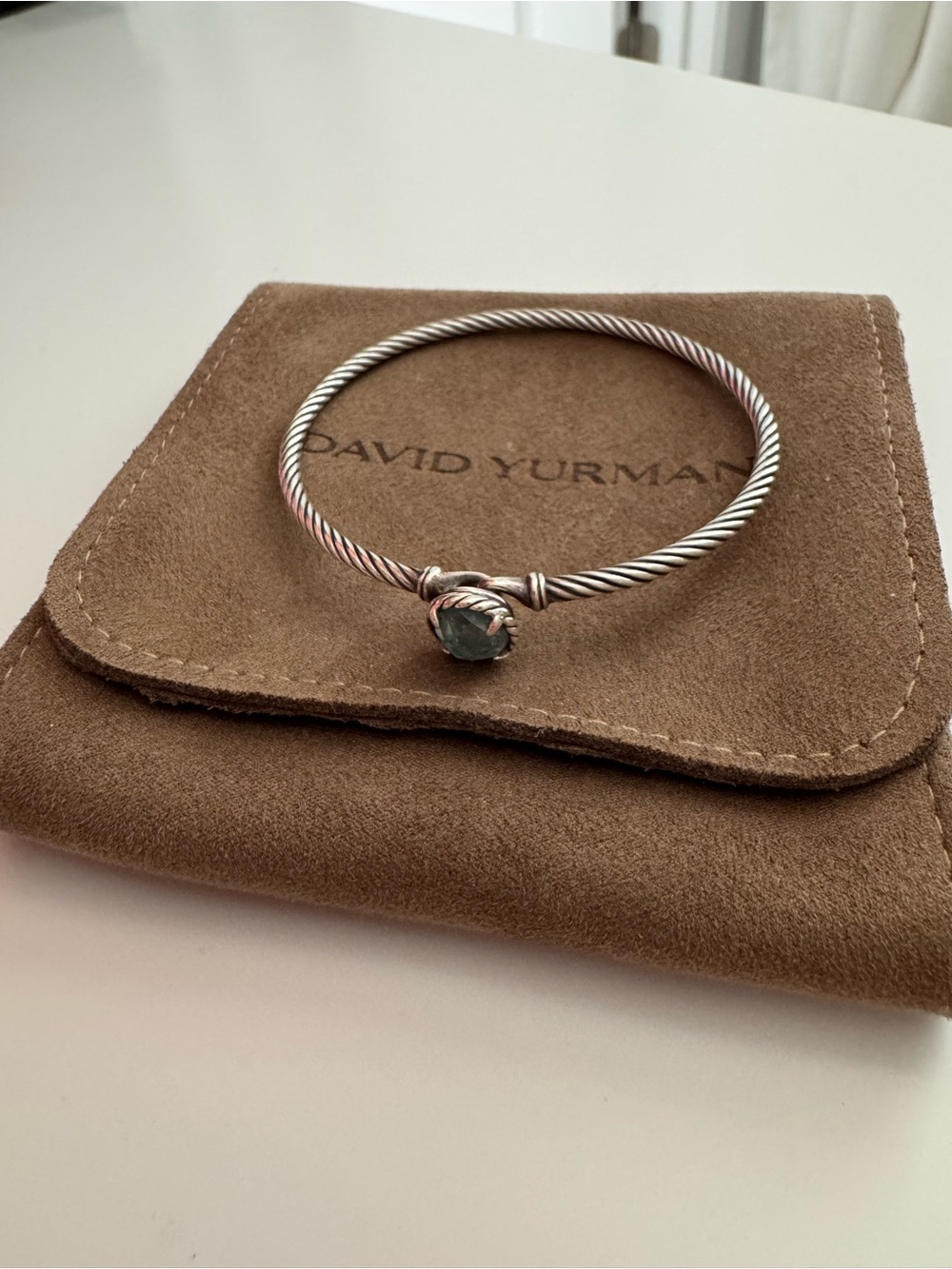 David Yurman Sterling Cable Bracelet with Green Stone